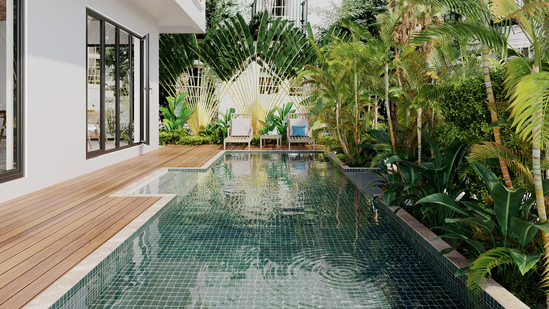 Jardín con piscina, render original de Corona