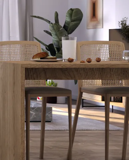 Oak table and rattan chairs close-up, original