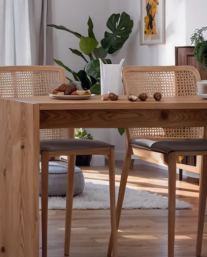 Oak table and rattan chairs close-up, processed