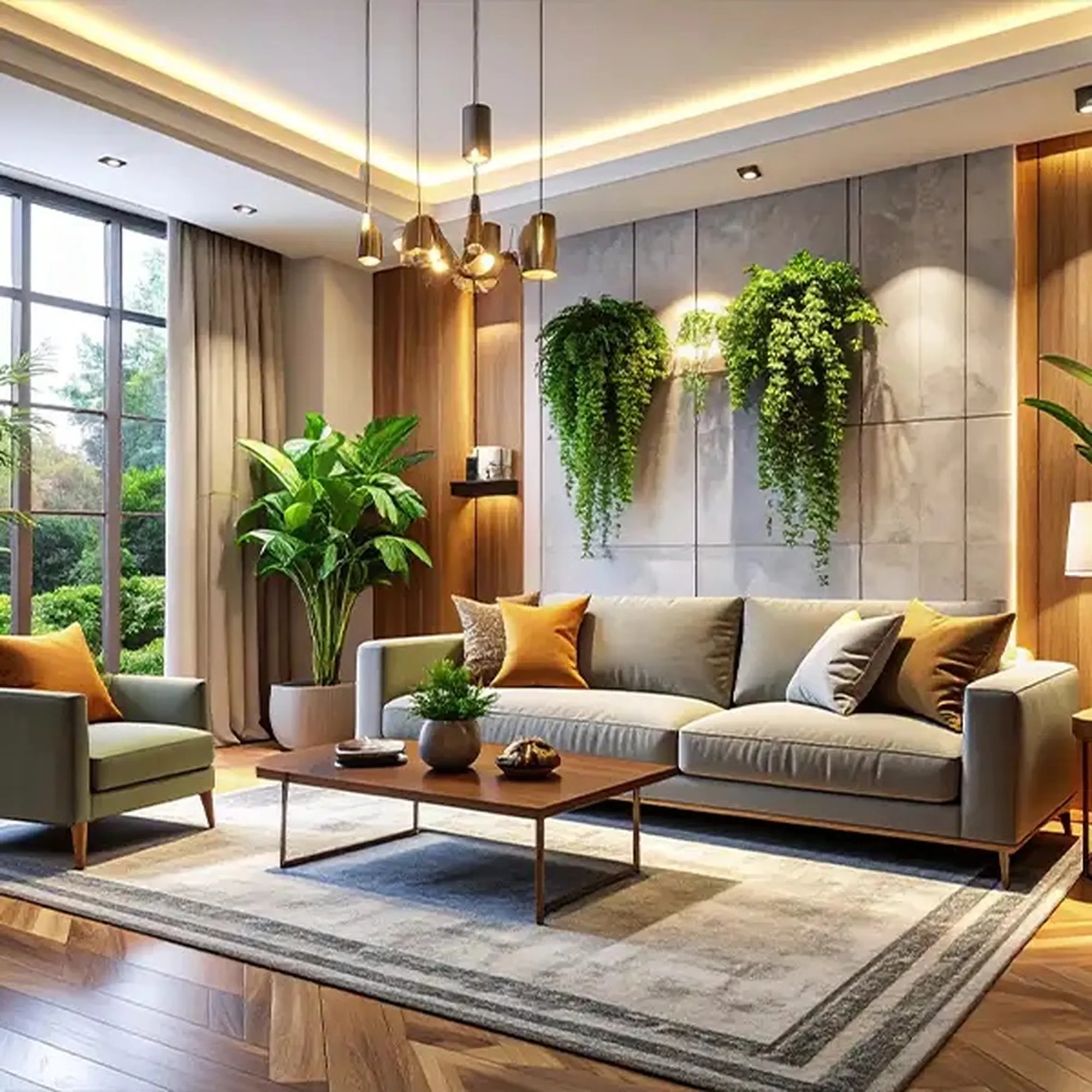 Wohnzimmer-Rendering mit Hängepflanzen, Original