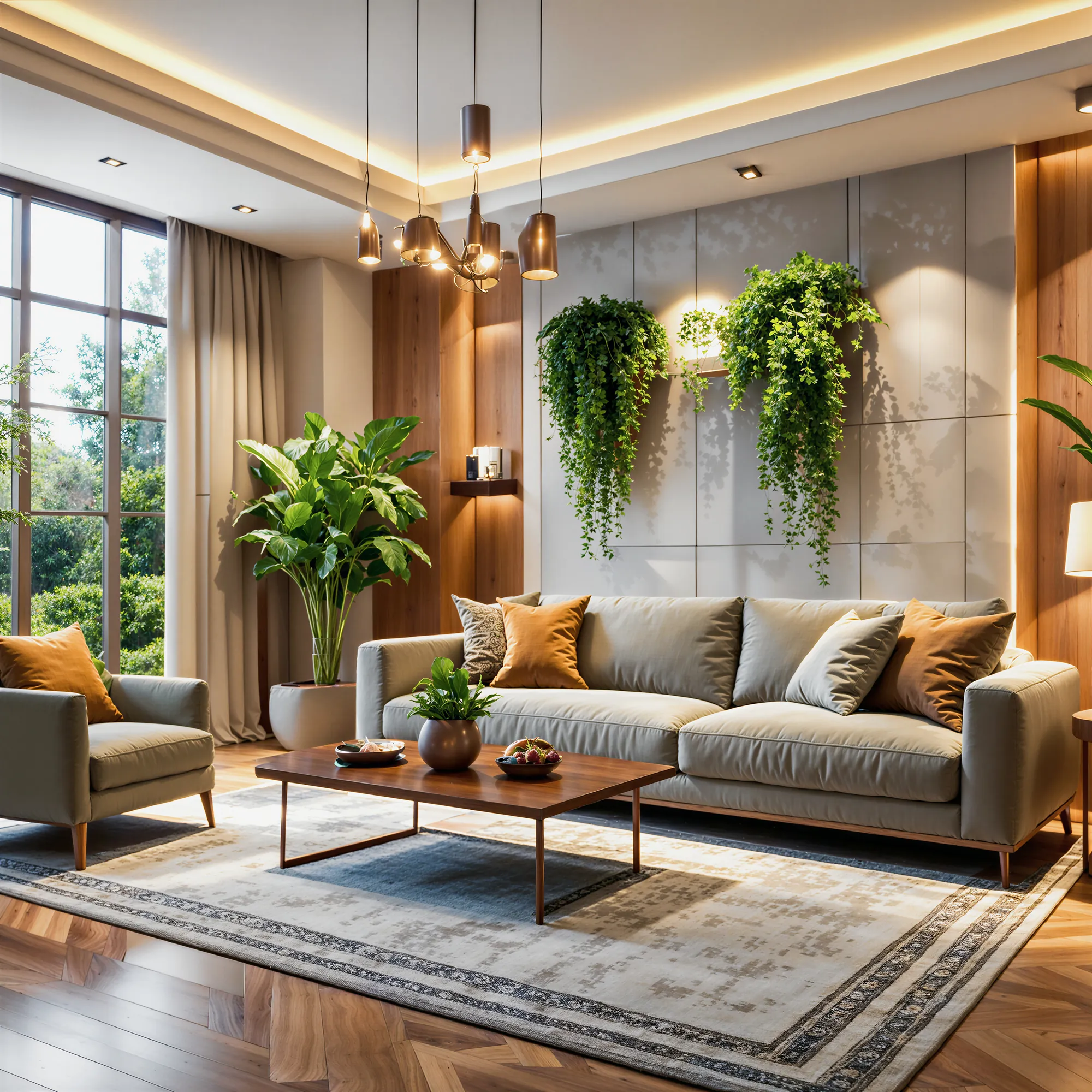 Wohnzimmer-Rendering mit Hängepflanzen, mit CoconutFlow hochskaliert