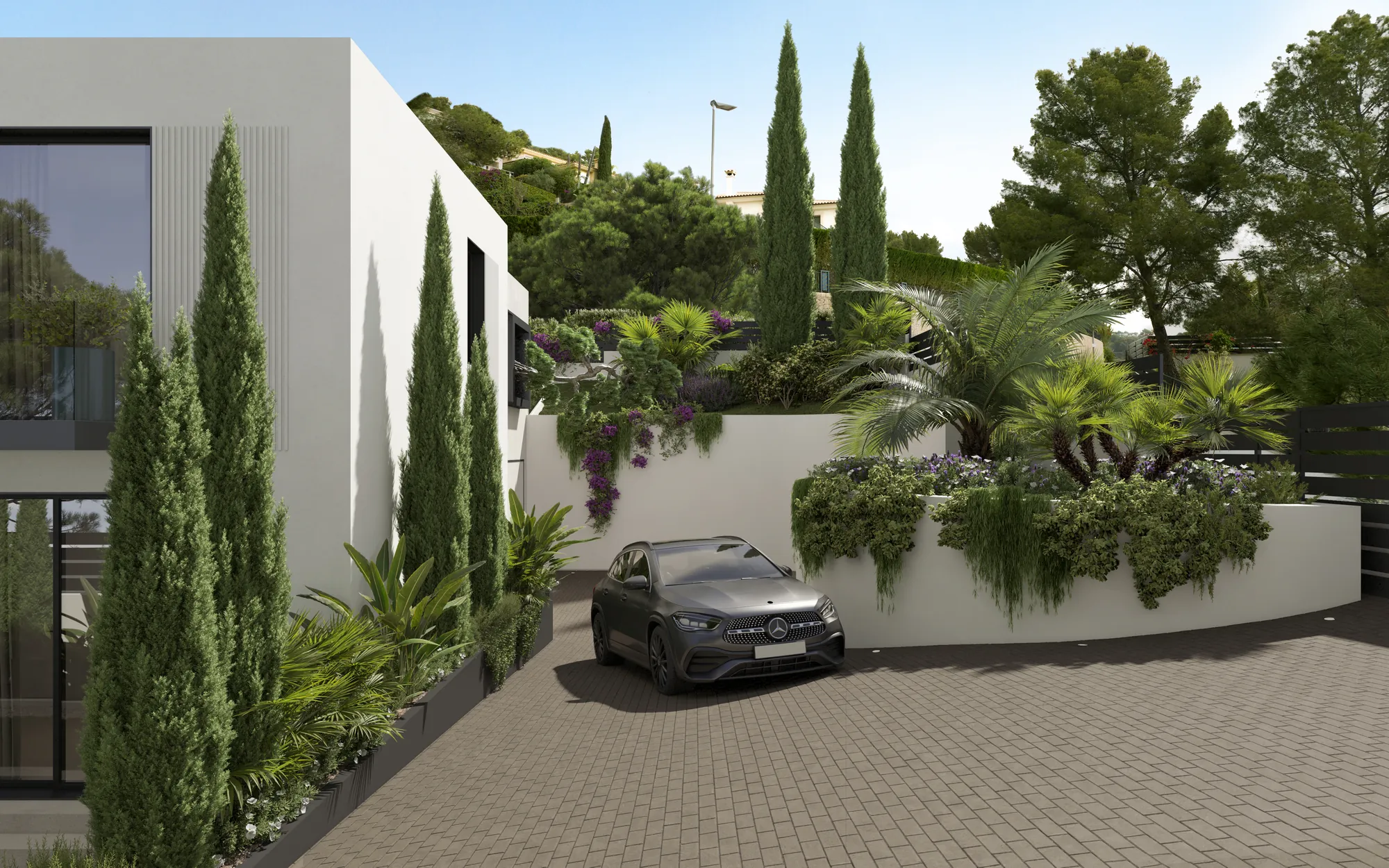 Driveway with a tree, original V-Ray render