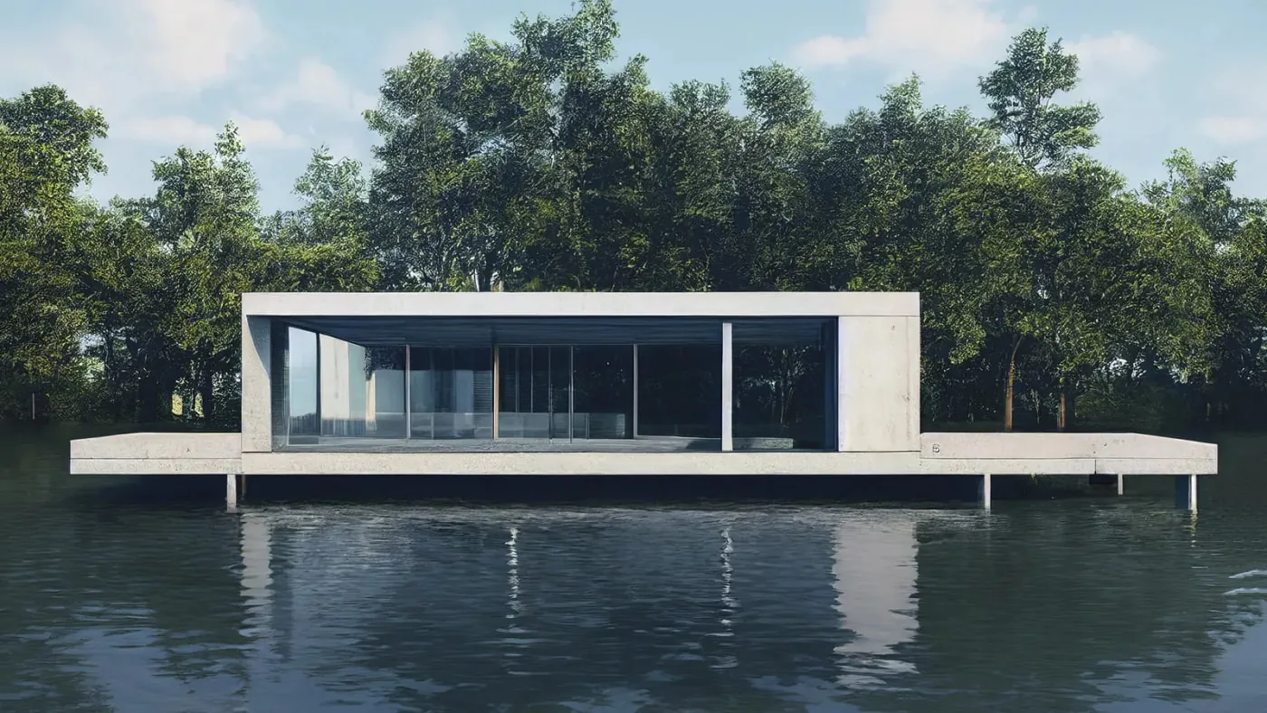 Vivienda de hormigón y cristal sobre el agua, render original
