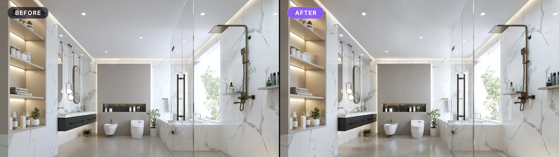 Marble bathroom, before and after processing