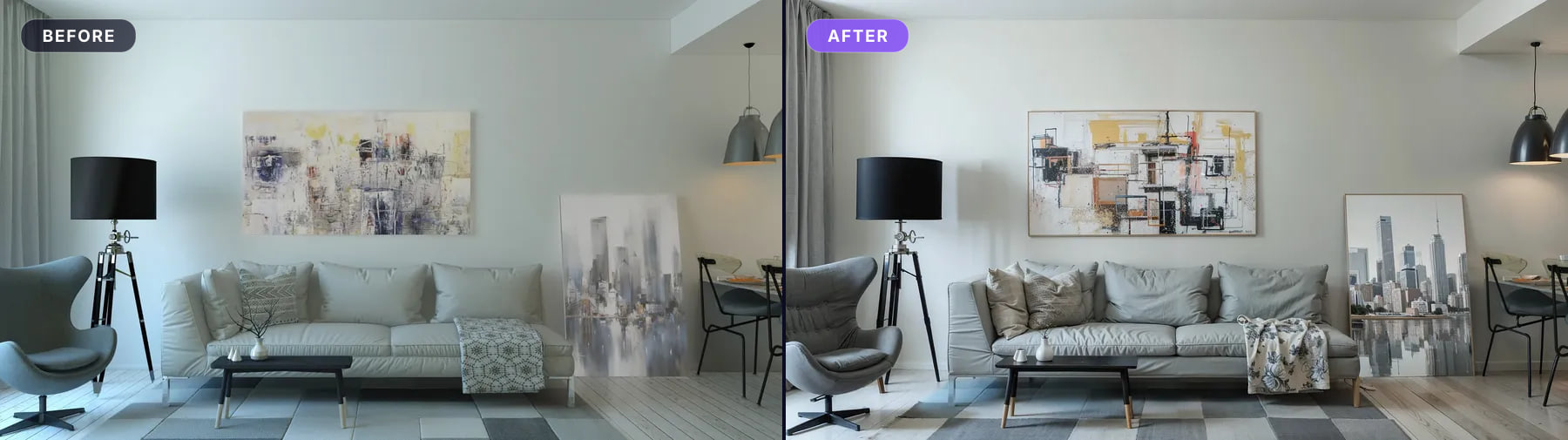 Living room with sofa and artwork, before and after: the green cast disappears