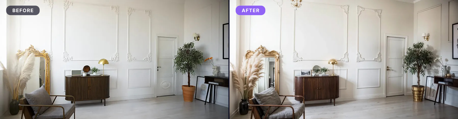 Photographed living room with cornicing and a mirror, before and after processing