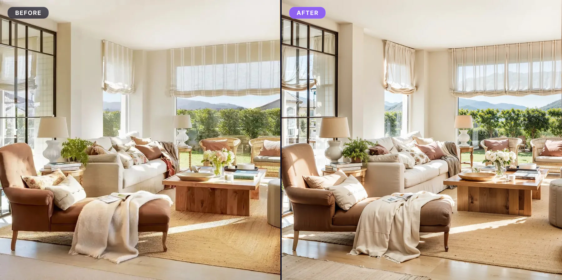 Living room with a large window onto the garden, before and after processing