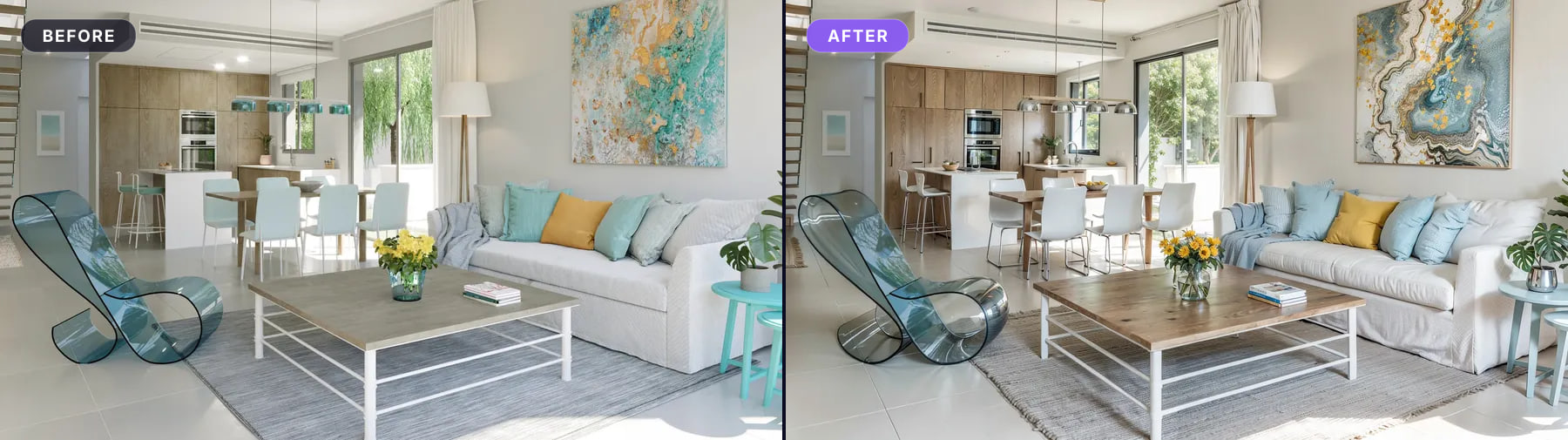 Photographed living room, before and after processing
