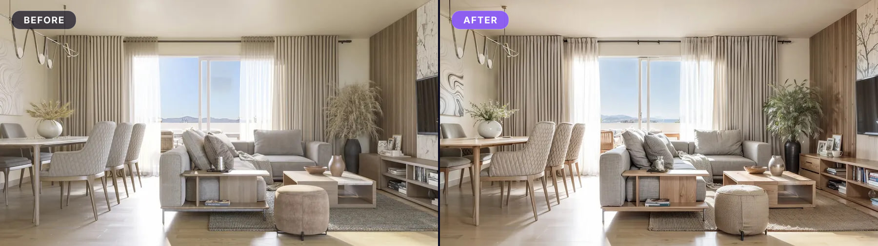 Living and dining room with wooden floor, cabinet and wall panel, before and after