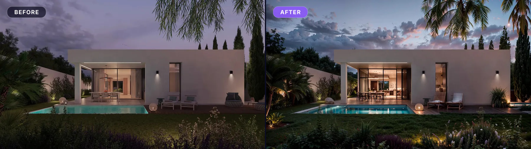 House with a pool at dusk, before and after: light and sky change completely