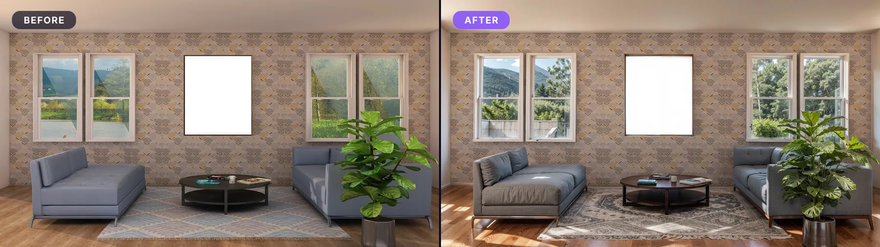 Living room of a house: the original render on the left, the processed version on the right