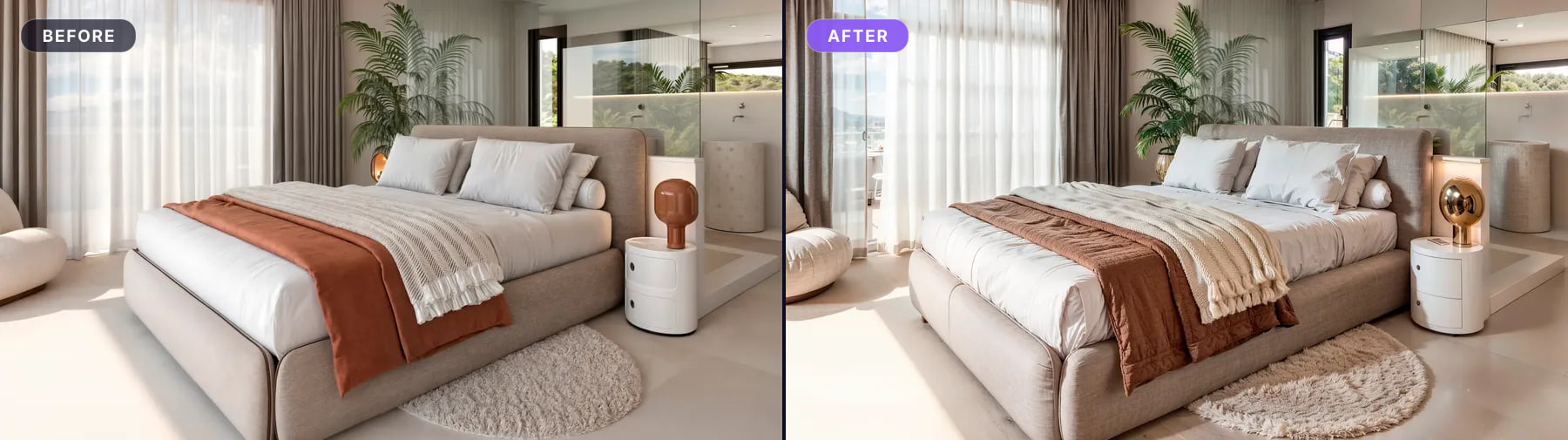 Bedroom with throw and rug, before and after: the textiles gain fold and weave