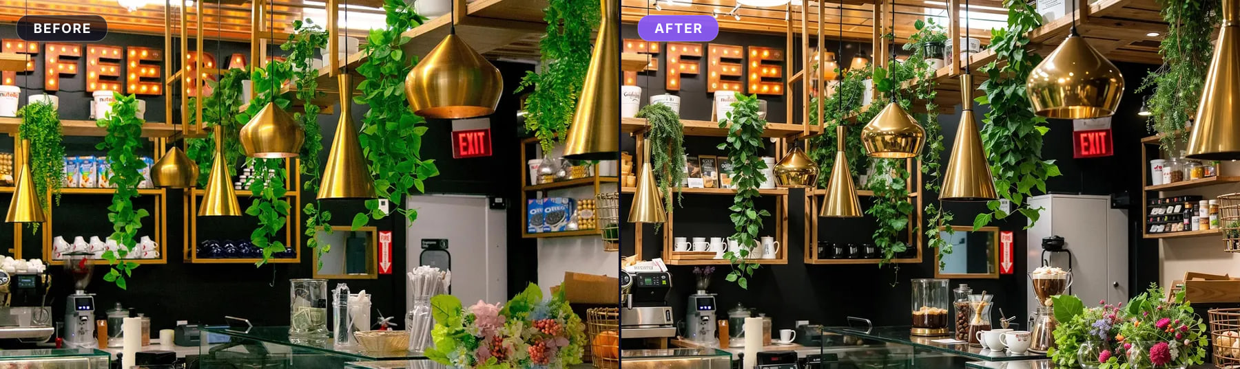 Café with trailing ivy in hanging planters and a bouquet of flowers, before and after processing