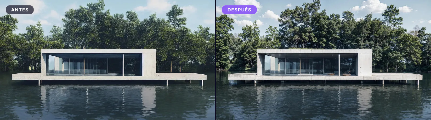 Vivienda de hormigón y cristal sobre el agua, antes y después