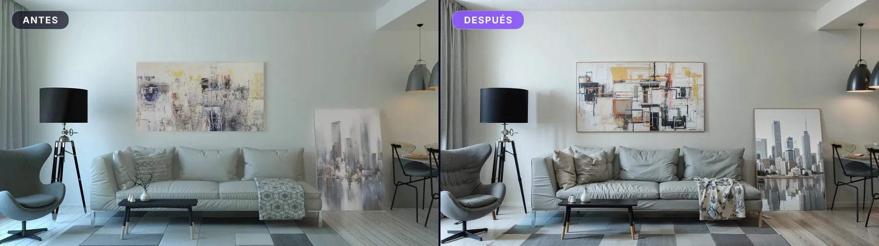 Salón con sofá y cuadro, antes y después: desaparece la dominante verdosa