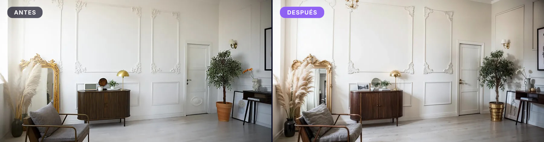 Salón fotografiado con molduras y espejo, antes y después de procesarlo