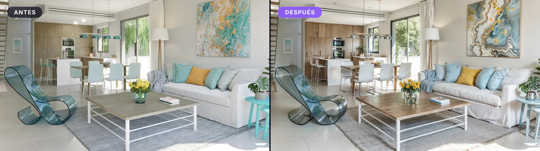 Salón fotografiado, antes y después de procesarlo