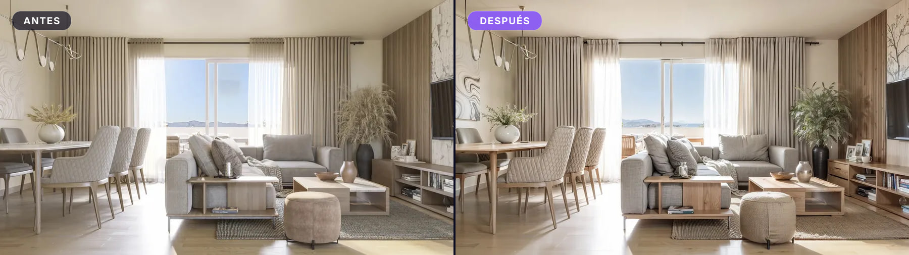 Salón comedor con suelo, mueble y panel de madera, antes y después