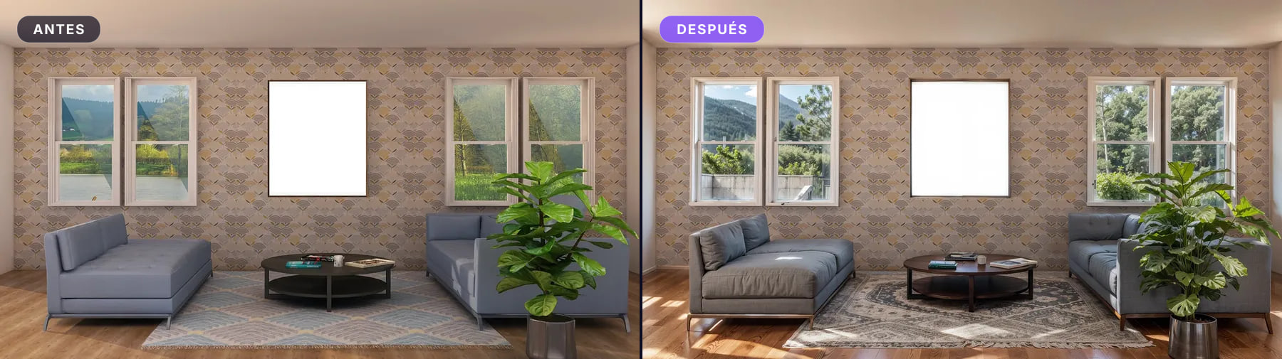 Salón de una vivienda: a la izquierda el render original, a la derecha la versión procesada
