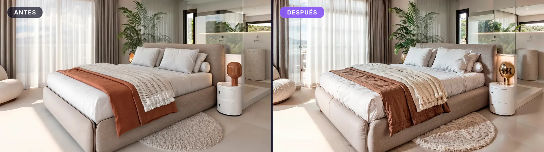 Dormitorio con manta y alfombra, antes y después: los tejidos ganan pliegue y trama