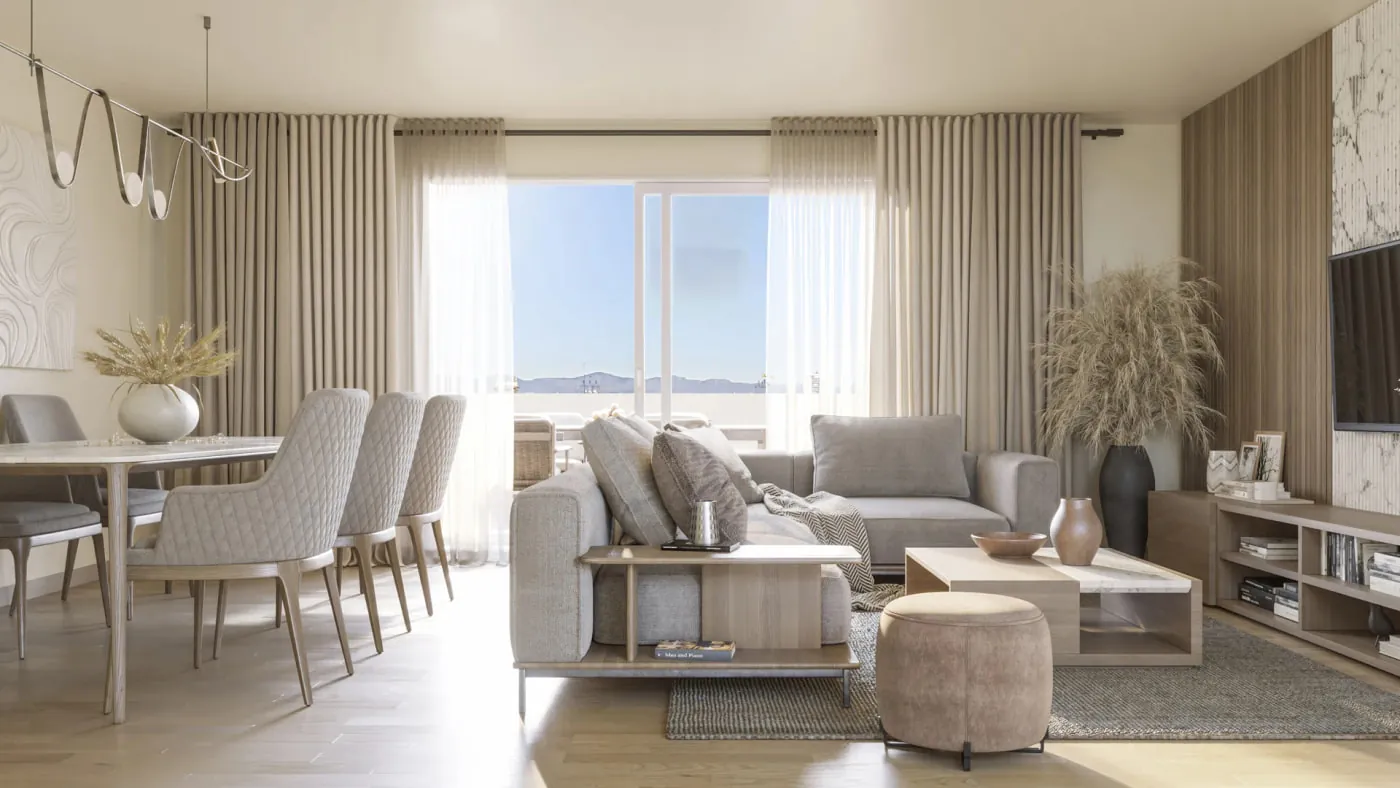 Salón comedor con suelo y mueble de madera, render original