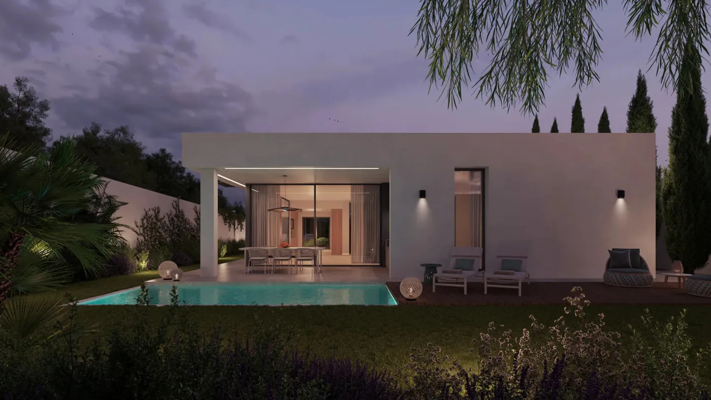 Vivienda con piscina al anochecer, render original