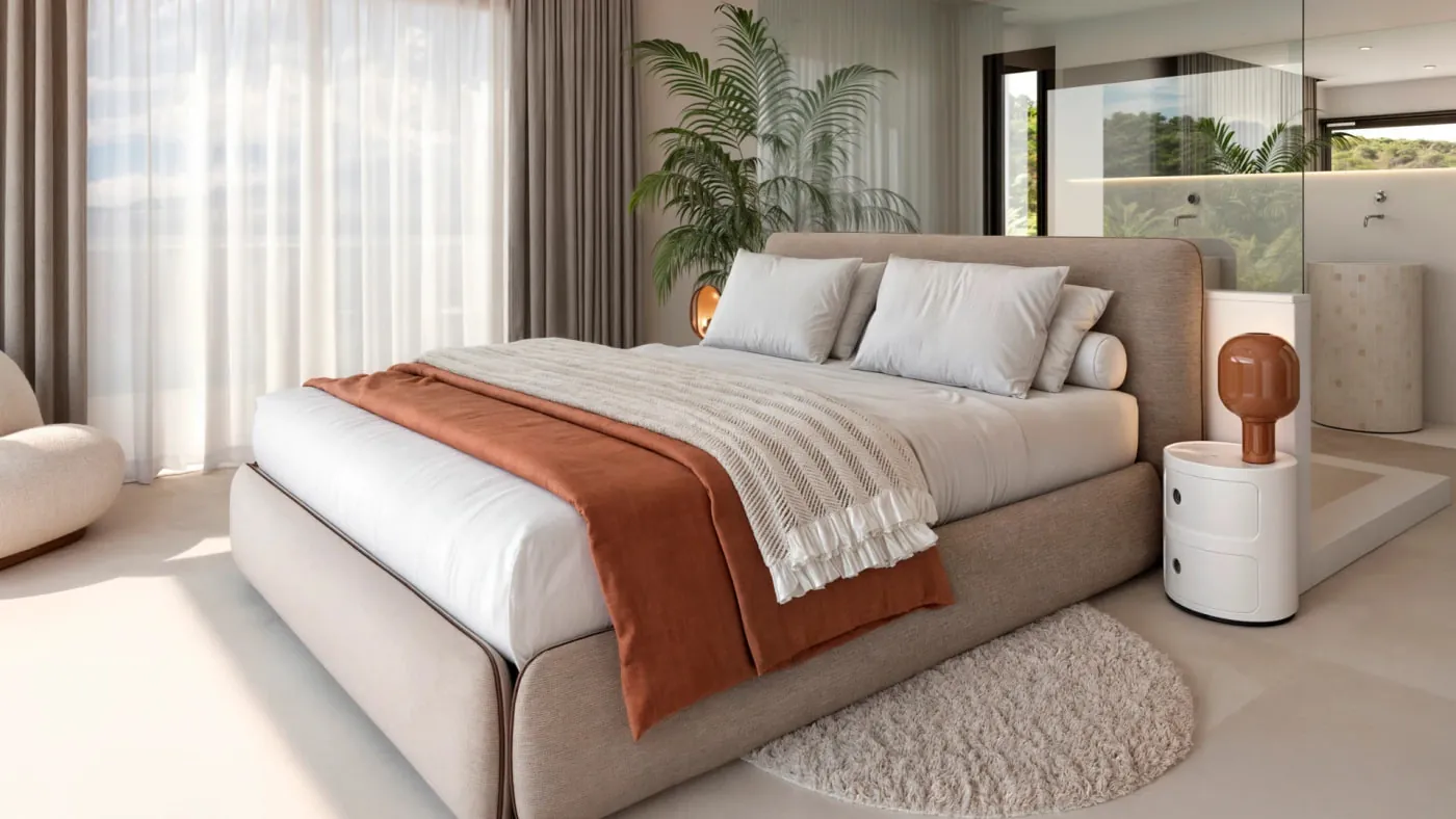 Dormitorio con manta y alfombra, render original