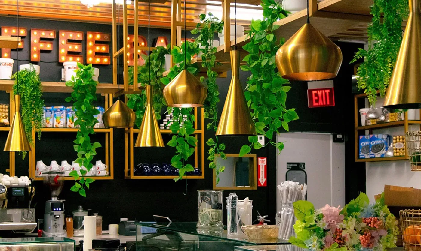 Cafetería con hiedras colgantes, render original